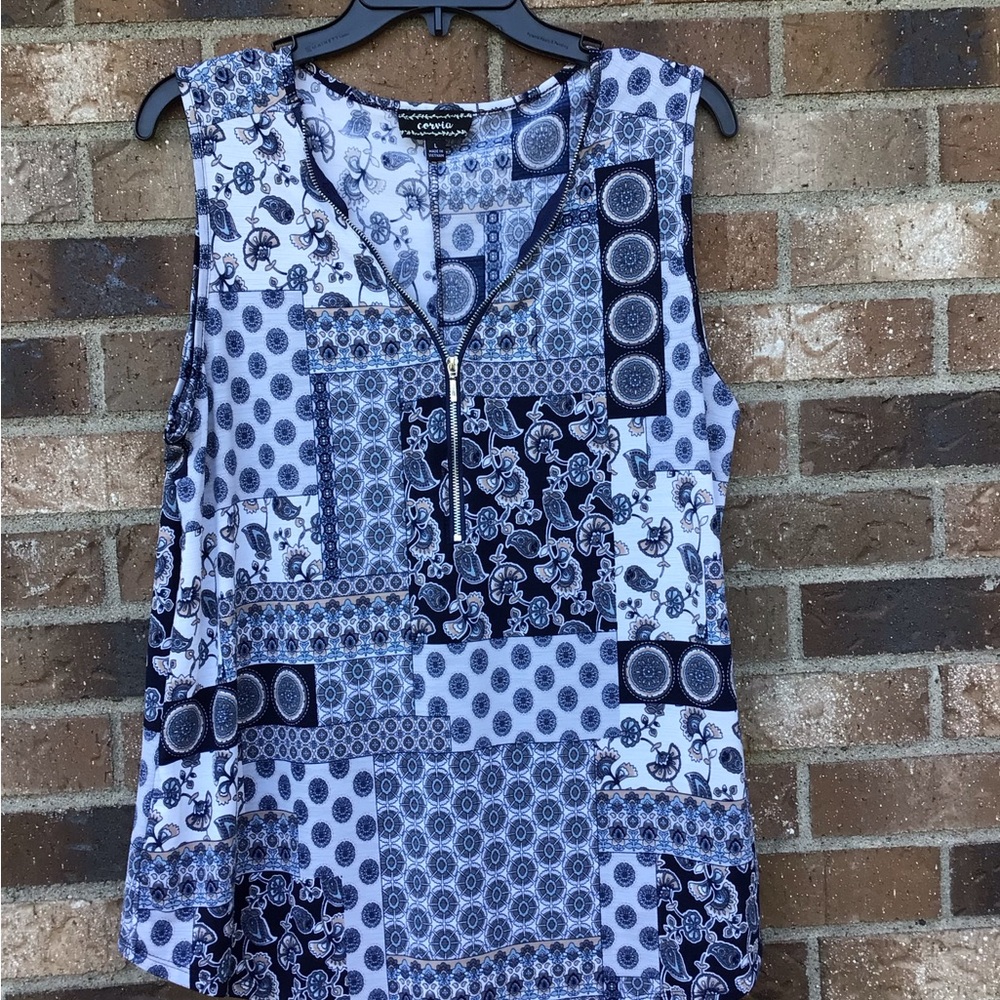 Patchwork Sleeveless Top - Blue and White